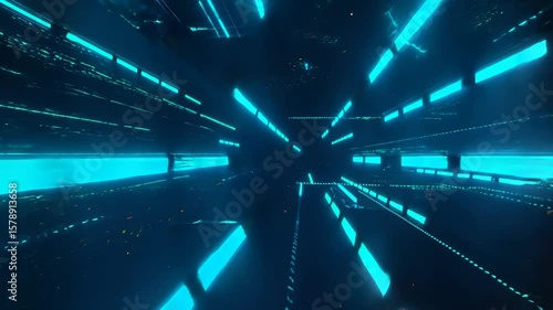 Bright blue neon lights create a futuristic tunnel effect, evoking digital speed and data transfer in a virtual space.