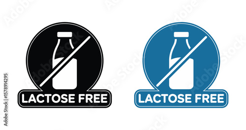 Black and Blue Lactose-Free Icons with Crossed Milk Bottle, Signifying Dairy-Free and Dietary Compliance