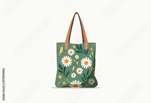 A delightful green tote bag showcasing a charming pattern of daisies and leaves, offering a stylish and eco-friendly option for carrying your belongings with a touch of nature's beauty.
