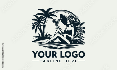 Elegant woman in a sunhat enjoys a tropical cocktail on a beach, palm trees and ocean in background.