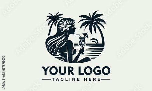 Silhouette of a woman enjoying a cocktail on a tropical beach, with palm trees.