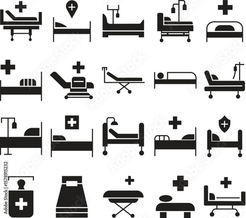 Hospital bed medical care icons set, healthcare and patient room symbol collection, solid vector group of stretcher, emergency cot, ICU, recovery, and clinic equipment