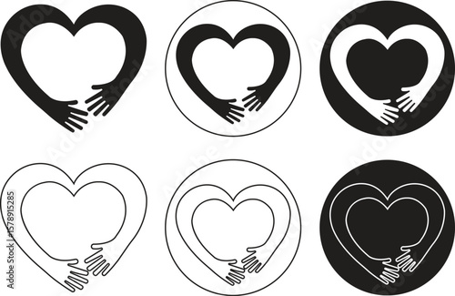 Arm heart shape vector icons set, love, care, and unity symbol collection, solid and outline graphic group, editable design elements for charity, wellness, compassion, and support projects
