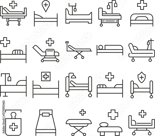 Hospital bed medical care icons set, healthcare and patient room symbol collection, outline vector group of stretcher, emergency cot, ICU, recovery, and clinic equipment