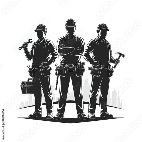 Group of construction workers standing together ready for repair and home improvement projects