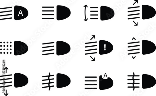 Light indicator dashboard icons set, collection and group of vehicle warning, car alert, automotive signal, notification, display, instrument panel symbols, flat vector design