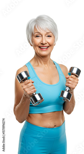 Cutout of Cheerful Senior Woman Exercising with Dumbbell on Transparent