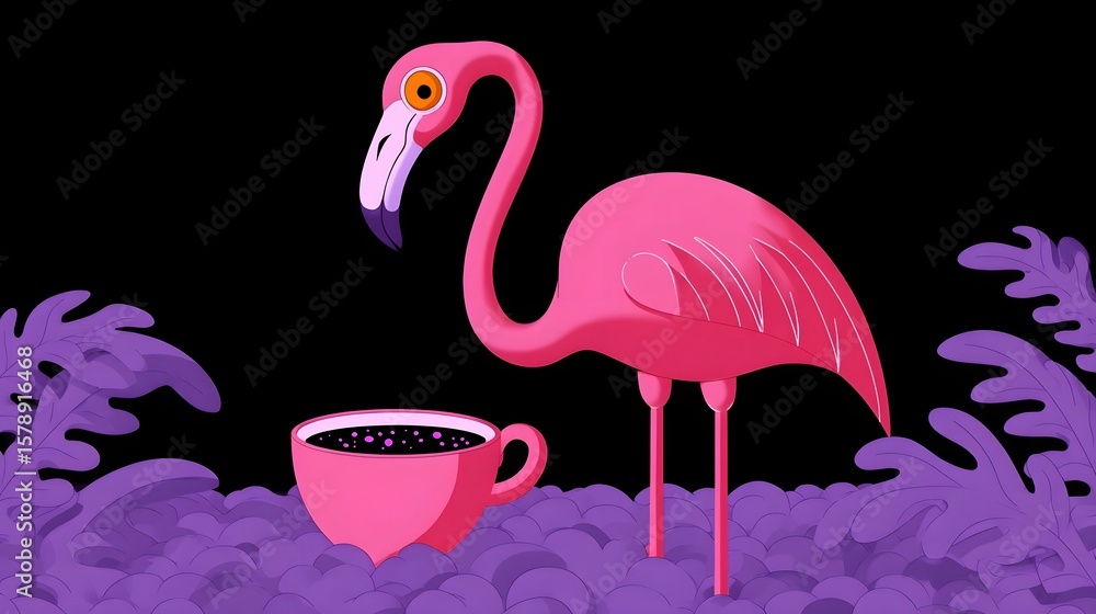 Obraz premium Elegant flamingo reflects in a cup of tea amidst lush foliage