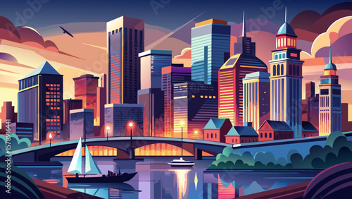 Boston, Massachusetts – Downtown financial district glows under soft evening light. Skyscrapers, bridges, and sailboats along the Charles River reflect Boston’s historic charm and modern elegance in d
