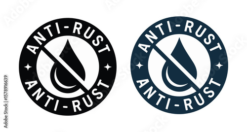 Black and Dark Blue Anti-Rust Circular Seals with Crossed Water Drop, Denoting Corrosion Resistance and Product Protection