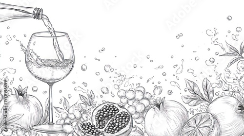 Elegant wine glass, pomegranate, and fruit sketch © falikh
