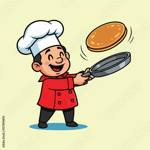 Cartoon Chef Flipping Pancake – Minimalist Cooking Illustration