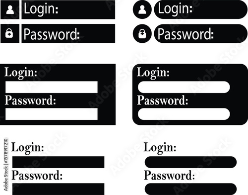 Login and password form icons set, collection and group of user interface elements, flat vector designs including sign in, access, authentication, credential input fields