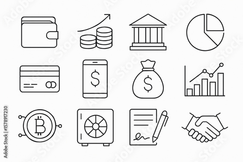 This versatile icon set features finance elements like cash, ATM, credit card, and cryptocurrency. Perfect for banking, business, and e-commerce themes. Ideal for apps, websites, and financial designs