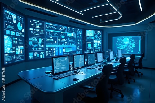 High-Tech Control Room with Multiple Monitoring Screens Displaying Data