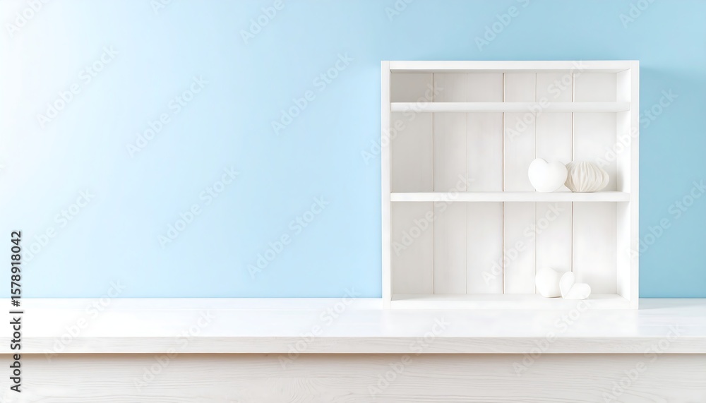 Fototapeta premium White shelf against light blue wall