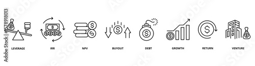 Private Equity icon set with leverage, IRR, NPV, buyout, debt, growth, return, and venture
