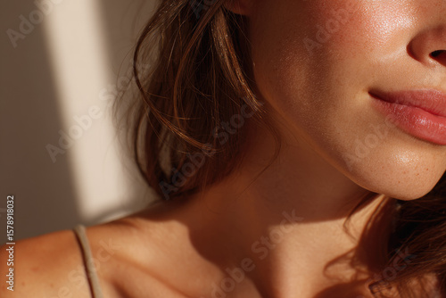 Soft natural light highlights smooth skin and subtle smile of young woman, focusing on her collarbone, jawline, and lips, creating serene and aesthetic mood