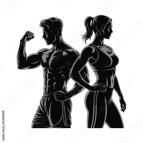 Silhouette illustration of a fit man flexing and a woman posing in athletic wear