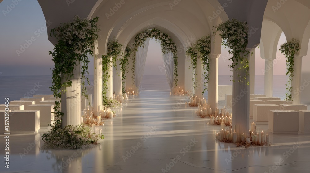 Fototapeta premium White archway ceremony space overlooking ocean