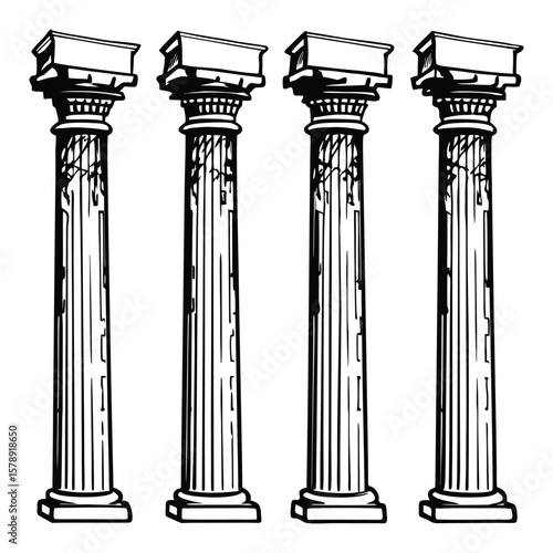 Artistic sketch of aged classical pillars in ruins, capturing the decay of Corinthian architecture with cracks and separation, hand-drawn style suitable for academic publishing, antique book