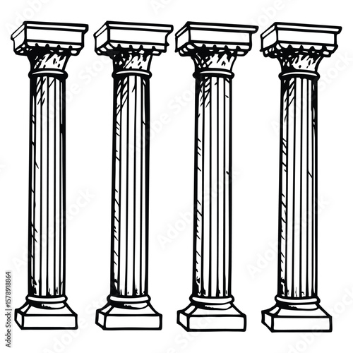 Broken Corinthian column base and capital drawn in vintage engraving style, showcasing ancient architectural damage, ideal for classical design elements, museum visuals, historic reconstruction