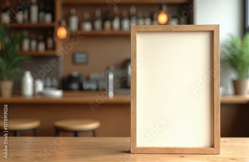 Wallpaper Mural Wooden frame mockup menu standing on wood table in cafe bar restaurant. Empty white space. Perfect for restaurant cafe bar menu presentation. Interior design. Blurred background. Torontodigital.ca