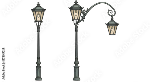 Illustration of Vintage Street Lamp with Light on Transparent Background