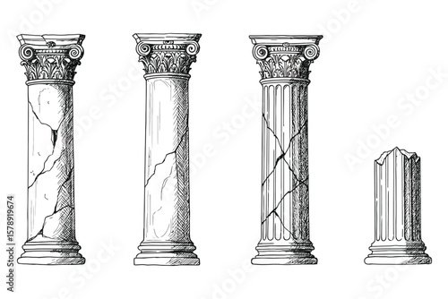 Cracked ancient Greek Corinthian column sketched in detailed black ink line art, symbolizing historic architectural decay, Roman ruins, fluted marble design, and old-world charm, perfect