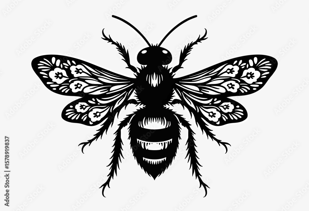 Obraz premium A meticulously detailed black and white illustration of a bee, showcasing its intricate wings and fuzzy body, perfect for nature lovers, artists, and those appreciating the beauty of insects. 