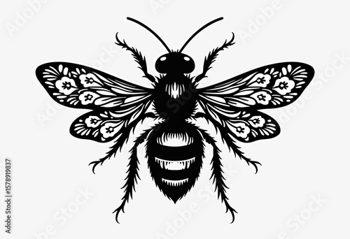 A meticulously detailed black and white illustration of a bee, showcasing its intricate wings and fuzzy body, perfect for nature lovers, artists, and those appreciating the beauty of insects.
