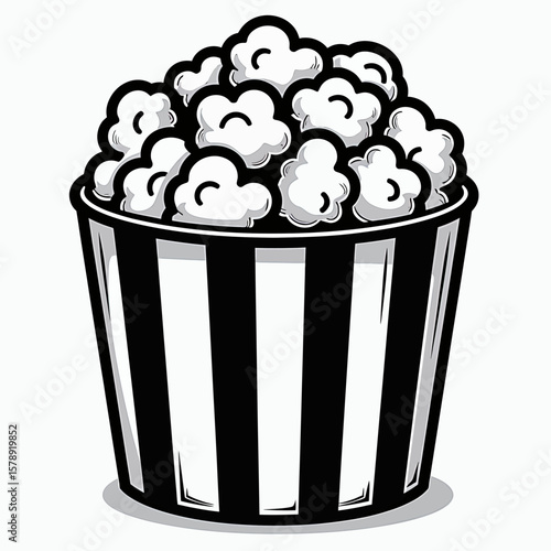 A classic black and white striped popcorn bucket filled with fluffy popcorn, perfect for movie nights, parties, or anyone craving a delicious and iconic snack.
