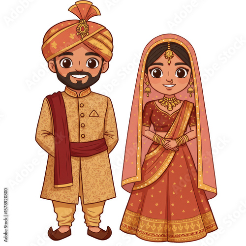 Indian Wedding Couple Cartoon Traditional Dress Bride Groom Illustration