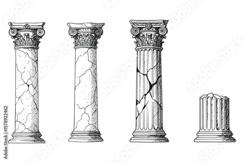 Sketched illustration of a fractured ancient column with ornate Corinthian top, depicting classic architectural decay from Roman or Hellenistic eras, great for editorial content, museum posters