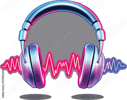 Colorful illustration of modern headphones with audio soundwave representation on white background.