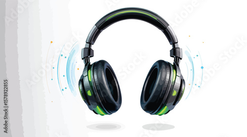 Modern stylish headphones in black and green color with sound waves isolated on white.