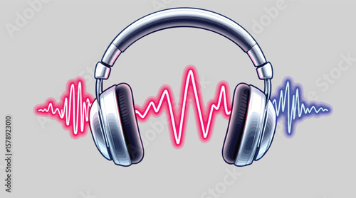 Stylish illustration of silver headphones with neon soundwave on a grey background.