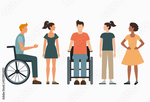 Diverse group of people, some in wheelchairs, representing inclusivity, diversity, and social connection in various settings.
