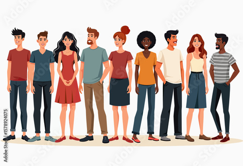 A group of diverse people in casual attire, standing side-by-side and looking in the same direction, symbolizing unity, shared purpose, and collective identity.
