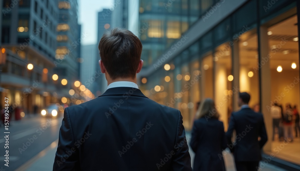 Fototapeta premium Businessman in suit walks city street at business district. Back view of people in crowd. Urban lifestyle. Corporate culture. Teamwork. Building, office in background. Modern design, city lights. AI