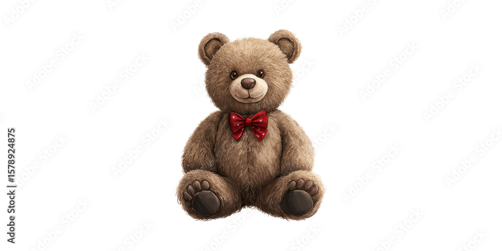 Obraz premium Cute Teddy Bear With Red Bow Tie. Symbol Of Childhood And Comfort Isolated On Transparent Background