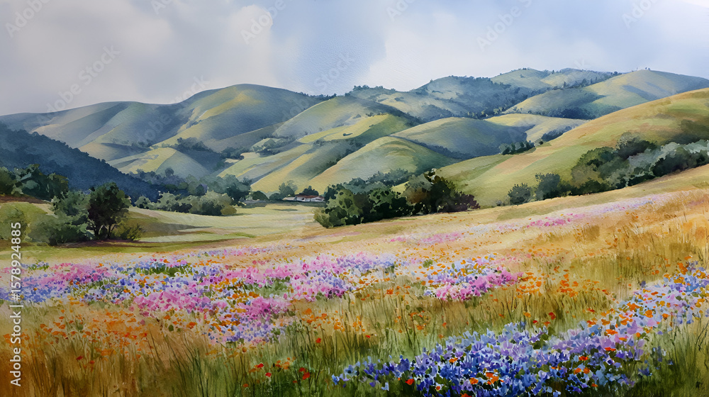 Fototapeta premium Floral meadow and verdant hills