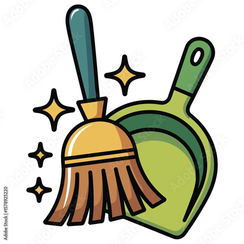 Cleaning Tools Broom and Dustpan Vector Illustration