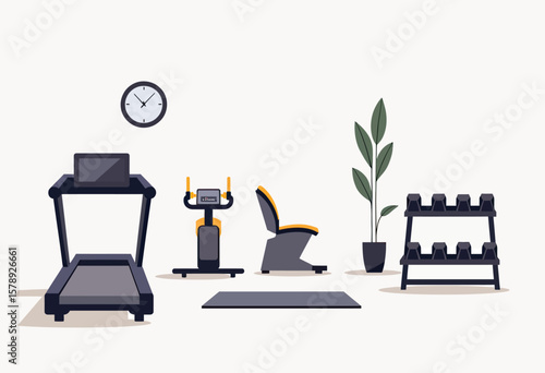 A clean, modern home gym interior with essential cardio and weight equipment, including a treadmill, exercise bike, weight rack, and yoga mats, promoting a healthy lifestyle.
