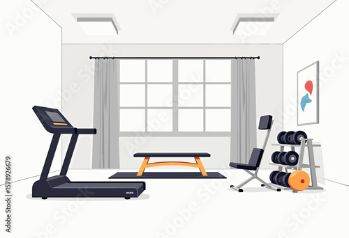 A modern home gym interior with a treadmill, weight bench, weight rack, and yoga mat, featuring a clean, minimalist design and natural light from a large window.
