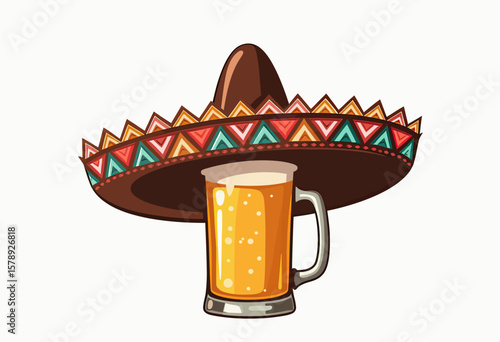 A traditional Mexican sombrero perched atop a foamy beer mug, showcasing vibrant geometric patterns and celebrating Mexican culture and festivity.
