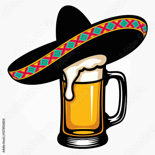 A festive beer mug topped with a sombrero, featuring a colorful geometric band, celebrating Mexican culture and lively occasions.
