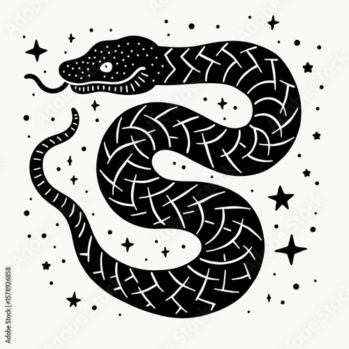 A stylized black silhouette of a coiled snake with intricate patterns and stars, evoking a mystical, celestial, or symbolic representation of transformation and resilience.
