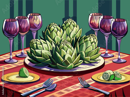 vector of Beautiful presentation of velvet artichokes on a linen on a large table in a rectangular dish with premium wine glasses. Elegant arrangement for reception.