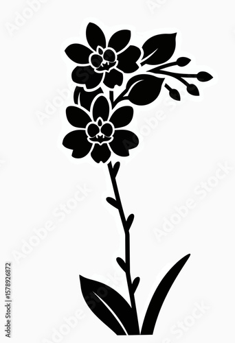 A black silhouette illustration of orchid flowers and a branch, featuring delicate details and elegant curves, perfect for refined floral designs or artistic accents.
